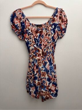 Black Tape_ Puff Sleeve Floral Tunic Romper - Blue, Brown, Pink